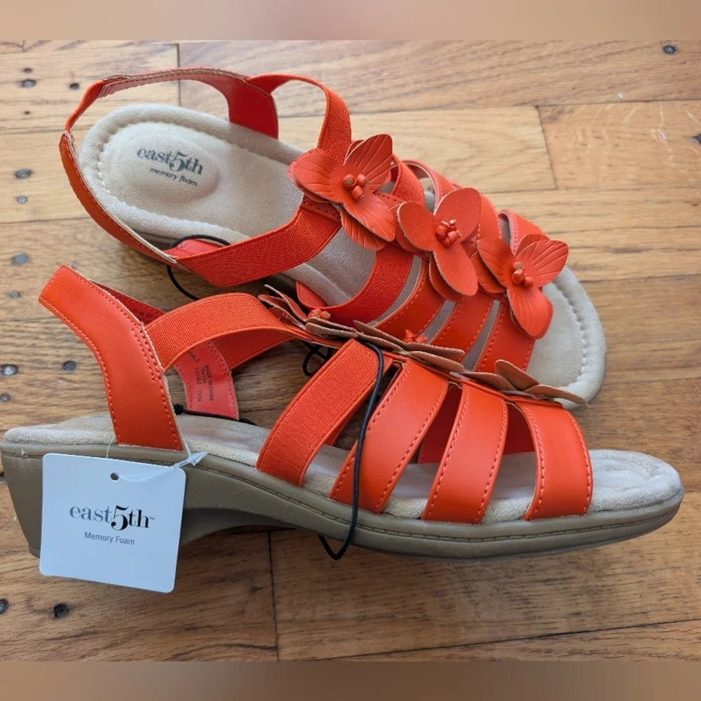 NWT East 5th Bright Orange Ister Floral Strappy Sandals - Picture 2 of 8